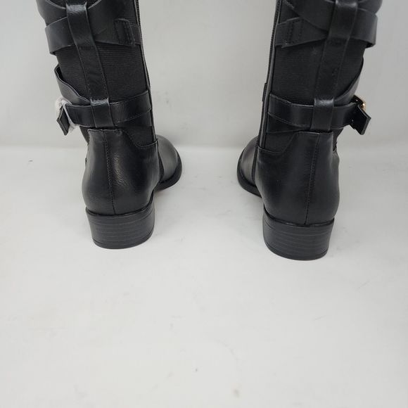 Thalia Sodi Riding Boots Womens 5 Black Veronika Faux Leather Zip Buckle Strap - Picture 8 of 10